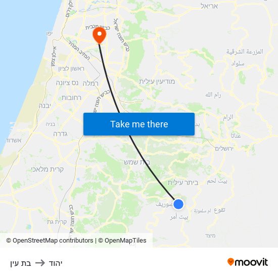 בת עין to יהוד map