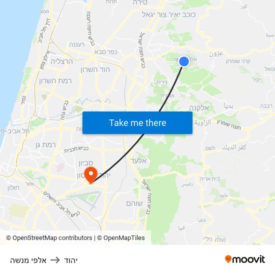 אלפי מנשה to יהוד map