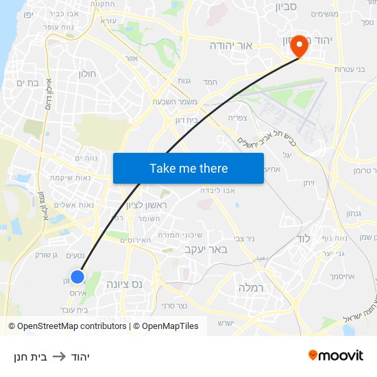 בית חנן to יהוד map