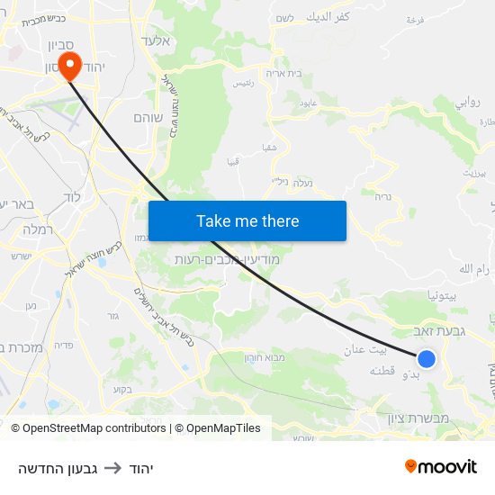 גבעון החדשה to יהוד map