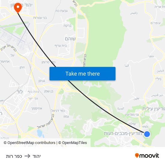 כפר רות to יהוד map