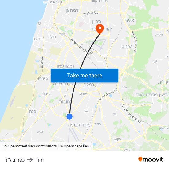 כפר ביל"ו to יהוד map