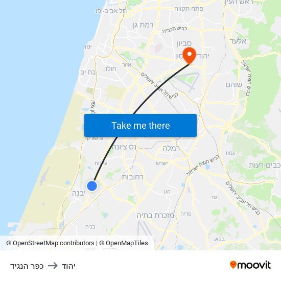 כפר הנגיד to יהוד map