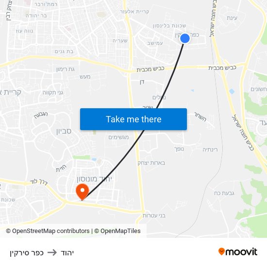 כפר סירקין to יהוד map