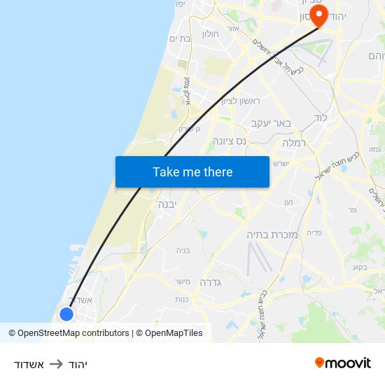 אשדוד to יהוד map