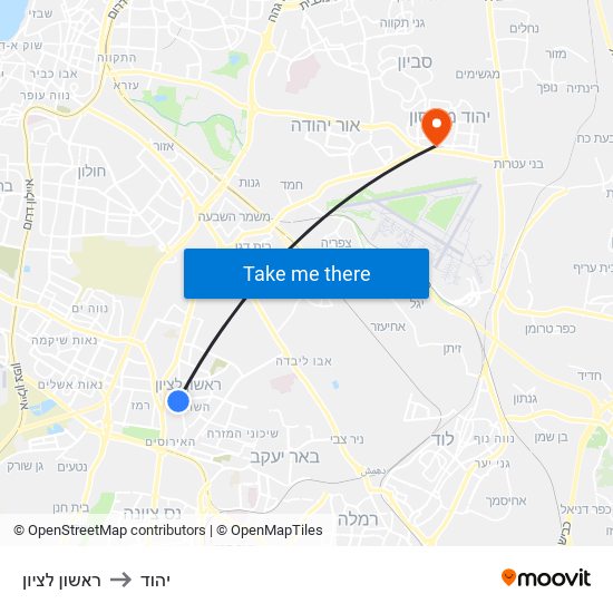 ראשון לציון to יהוד map