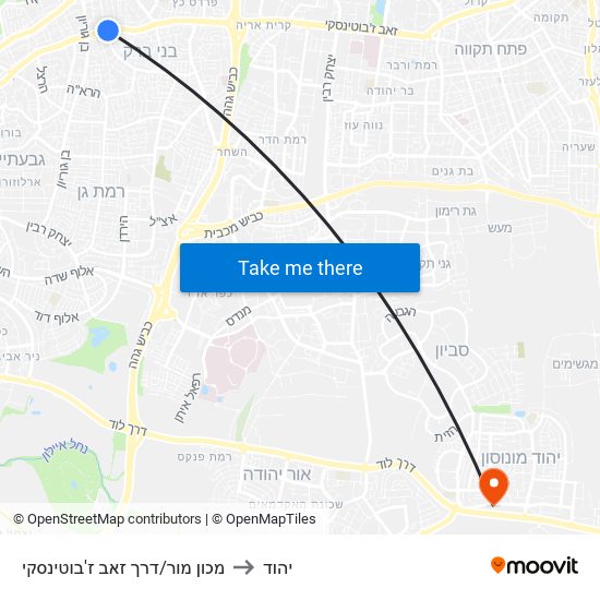 מכון מור/דרך זאב ז'בוטינסקי to יהוד map