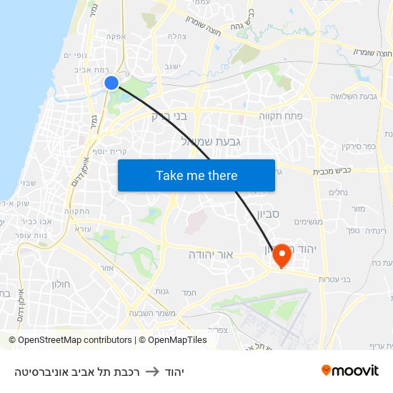 רכבת תל אביב אוניברסיטה to יהוד map