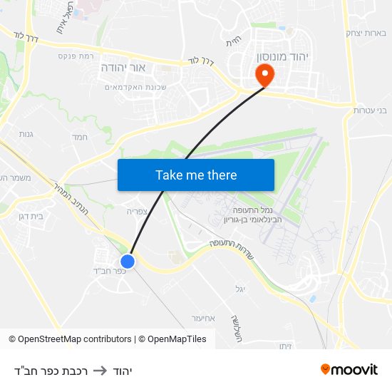 רכבת כפר חב"ד to יהוד map