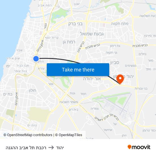 רכבת תל אביב ההגנה to יהוד map