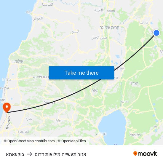 בוקעאתא to אזור תעשייה מילואות דרום map