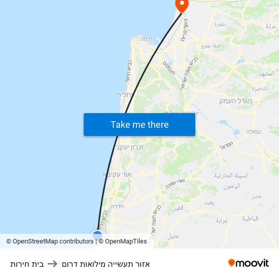 בית חירות to אזור תעשייה מילואות דרום map