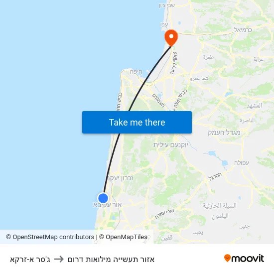 ג'סר א-זרקא to אזור תעשייה מילואות דרום map