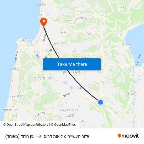 עין חרוד (מאוחד) to אזור תעשייה מילואות דרום map