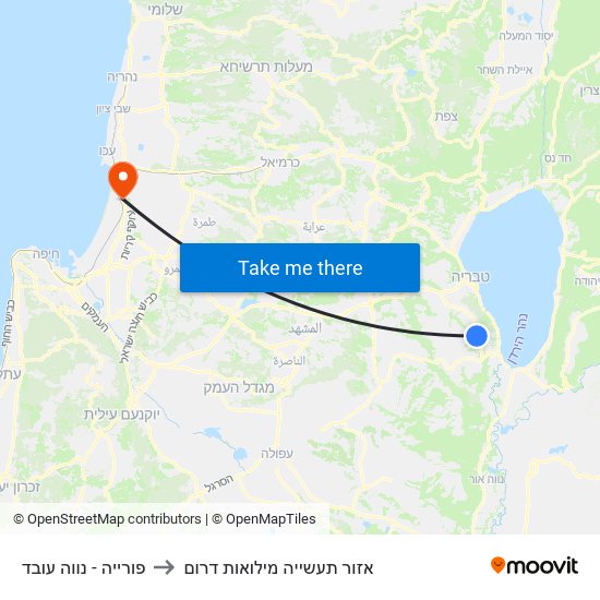 פורייה - נווה עובד to אזור תעשייה מילואות דרום map