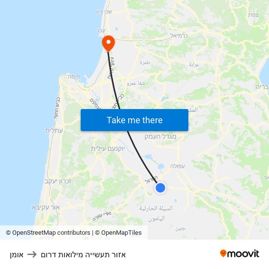 אומן to אזור תעשייה מילואות דרום map