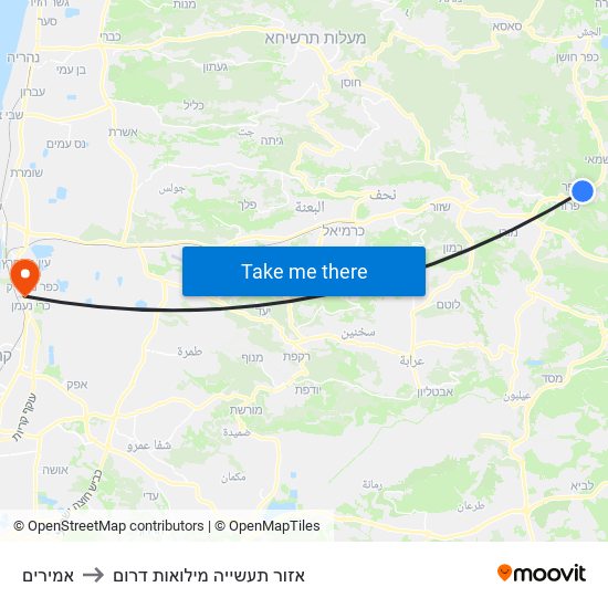 אמירים to אזור תעשייה מילואות דרום map