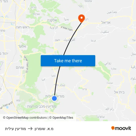 מודיעין עילית to מ.א. שומרון map