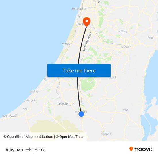 באר שבע to צריפין map