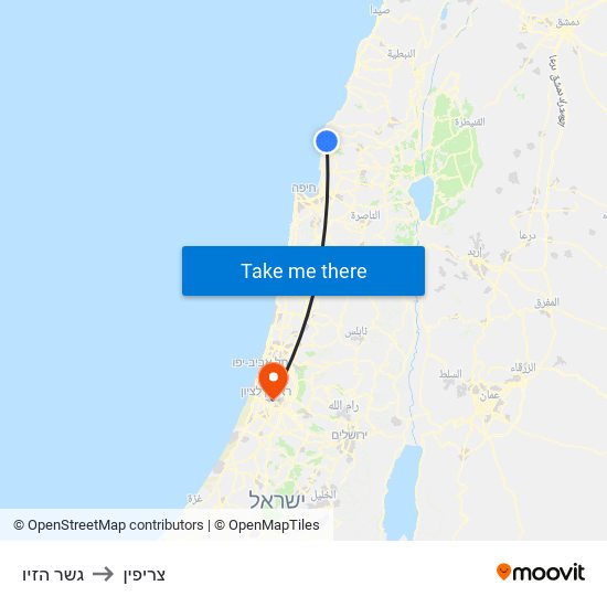 גשר הזיו to צריפין map