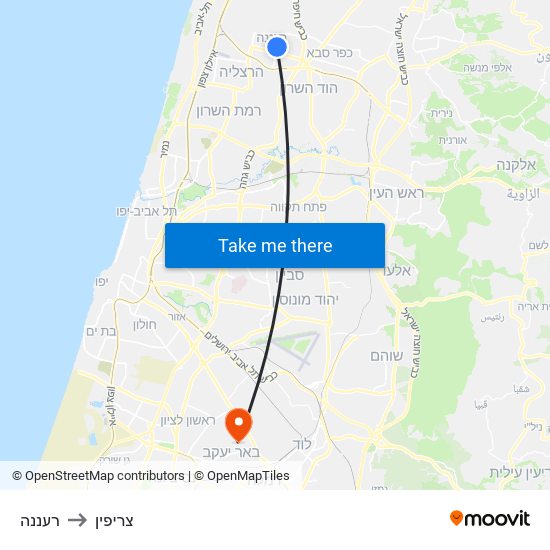 רעננה to צריפין map