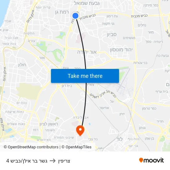 גשר בר אילן/כביש 4 to צריפין map