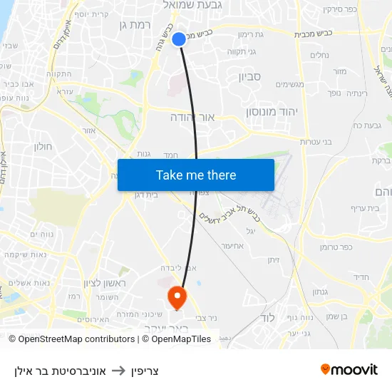 אוניברסיטת בר אילן to צריפין map