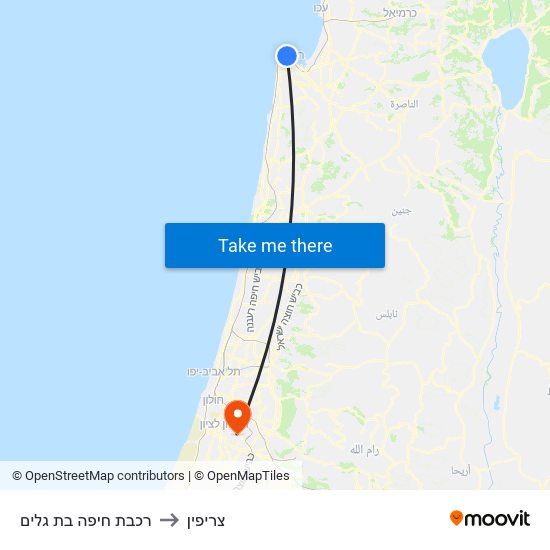 רכבת חיפה בת גלים to צריפין map