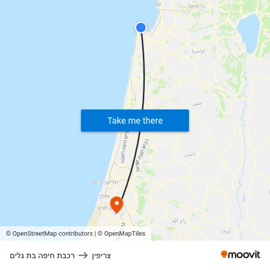 רכבת חיפה בת גלים to צריפין map