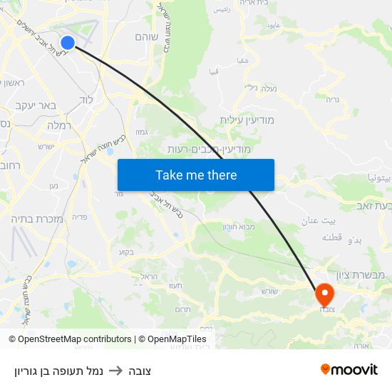 נמל תעופה בן גוריון to צובה map