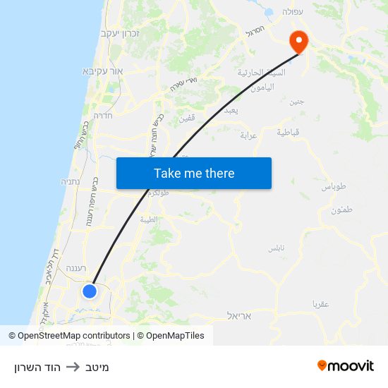 הוד השרון to מיטב map