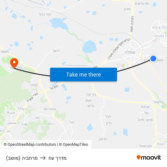 מרחביה (מושב) to מדרך עוז map