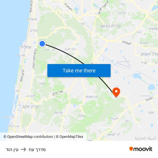 עין הוד to מדרך עוז map