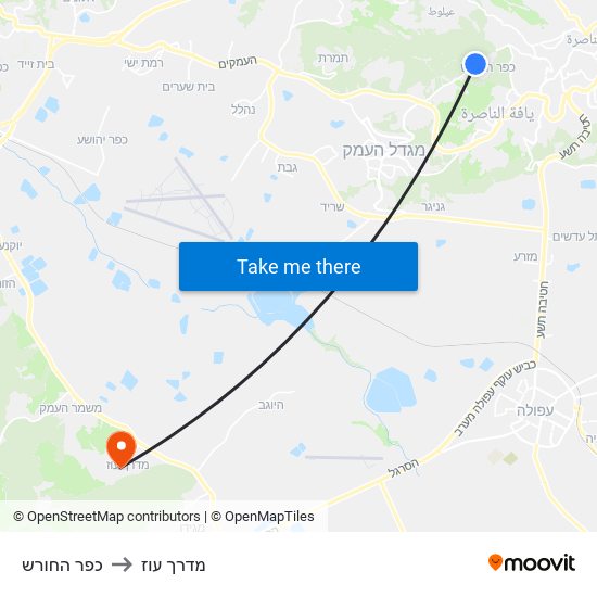 כפר החורש to מדרך עוז map