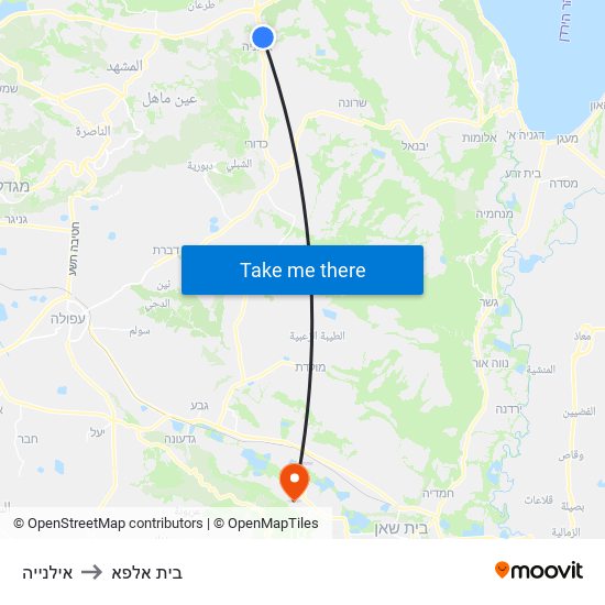 אילנייה to בית אלפא map