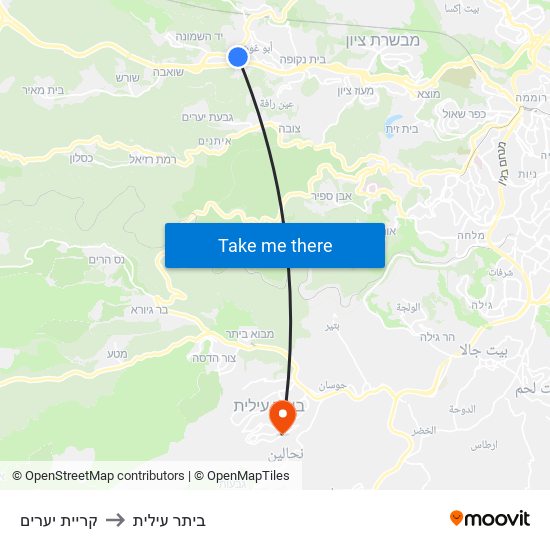 קריית יערים to ביתר עילית map