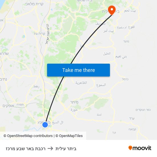 רכבת באר שבע מרכז to ביתר עילית map