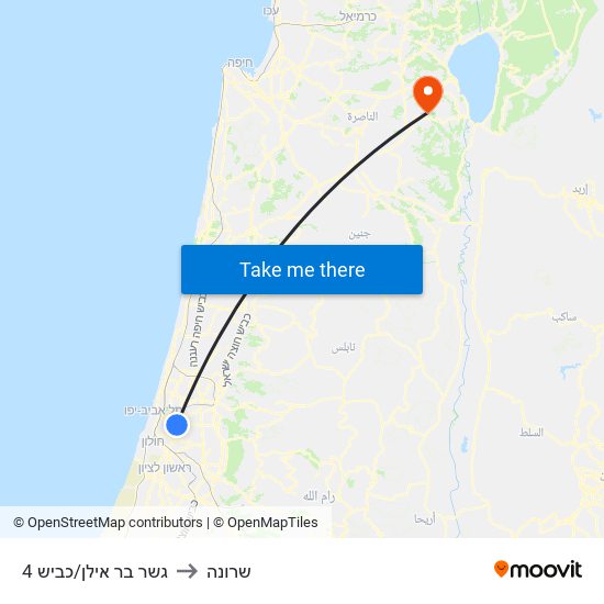 גשר בר אילן/כביש 4 to שרונה map