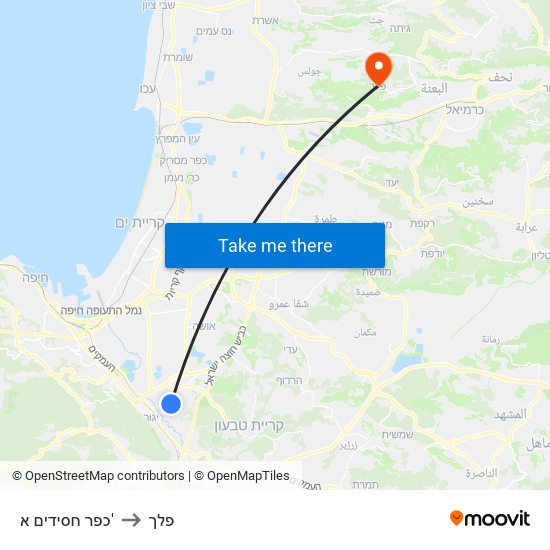 כפר חסידים א' to פלך map