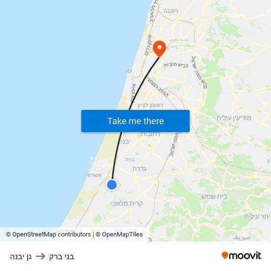 גן יבנה to בני ברק map