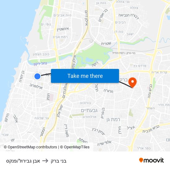 אבן גבירול/פנקס to בני ברק map