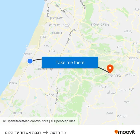 רכבת אשדוד עד הלום to צור הדסה map