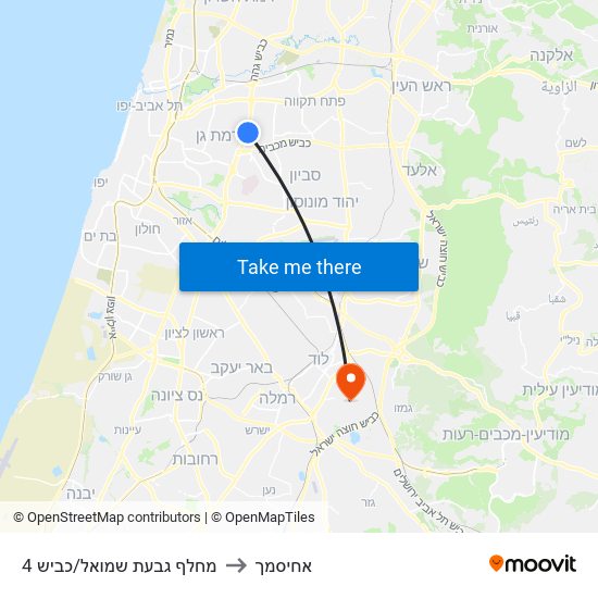 מחלף גבעת שמואל/כביש 4 to אחיסמך map