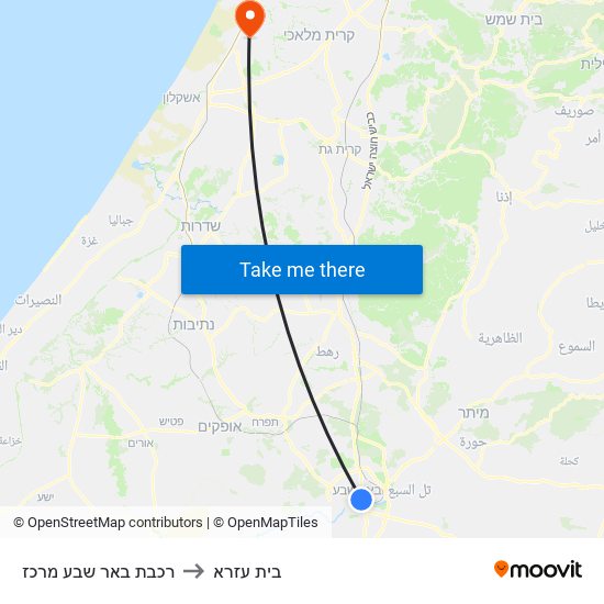 רכבת באר שבע מרכז to בית עזרא map