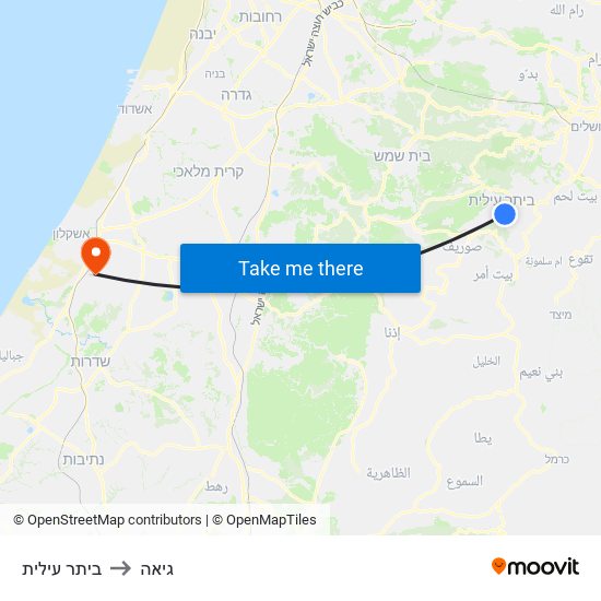 ביתר עילית to גיאה map