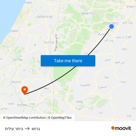 ביתר עילית to ברוש map