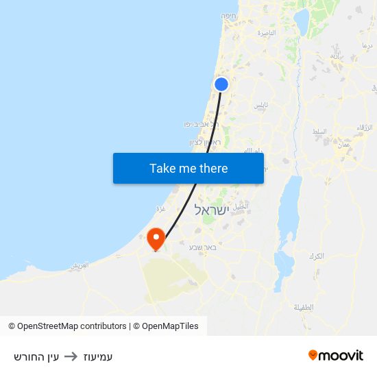 עין החורש to עמיעוז map