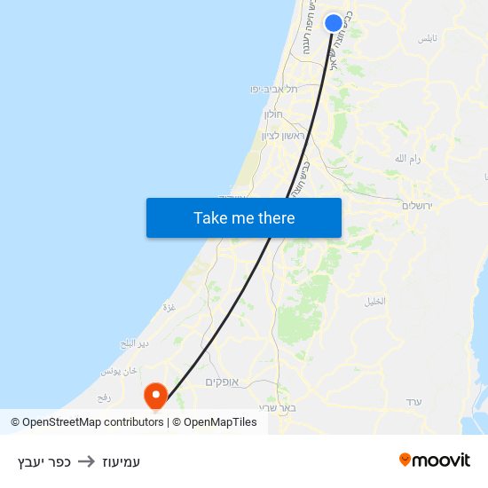 כפר יעבץ to עמיעוז map