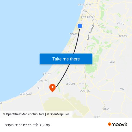 רכבת יבנה מערב to עמיעוז map