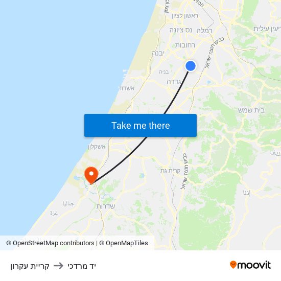 קריית עקרון to יד מרדכי map